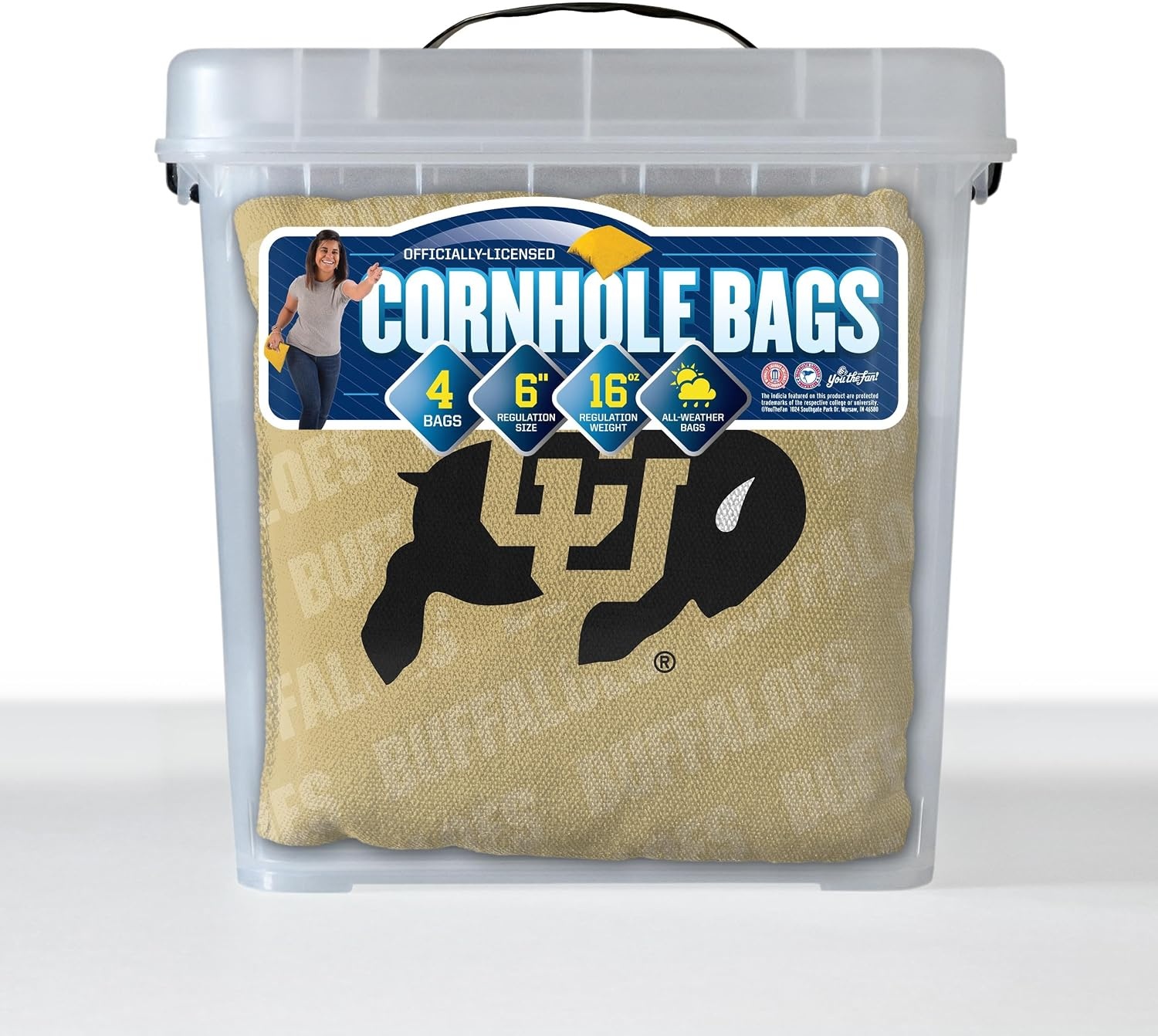 image:imageYouTheFan OfficiallyLicensed NCAA Set of 4 Cornhole Bags  All Weather Regulation 6 x 6 Size  16oz Weight  Designed in USAColorado Buffaloes  Gold