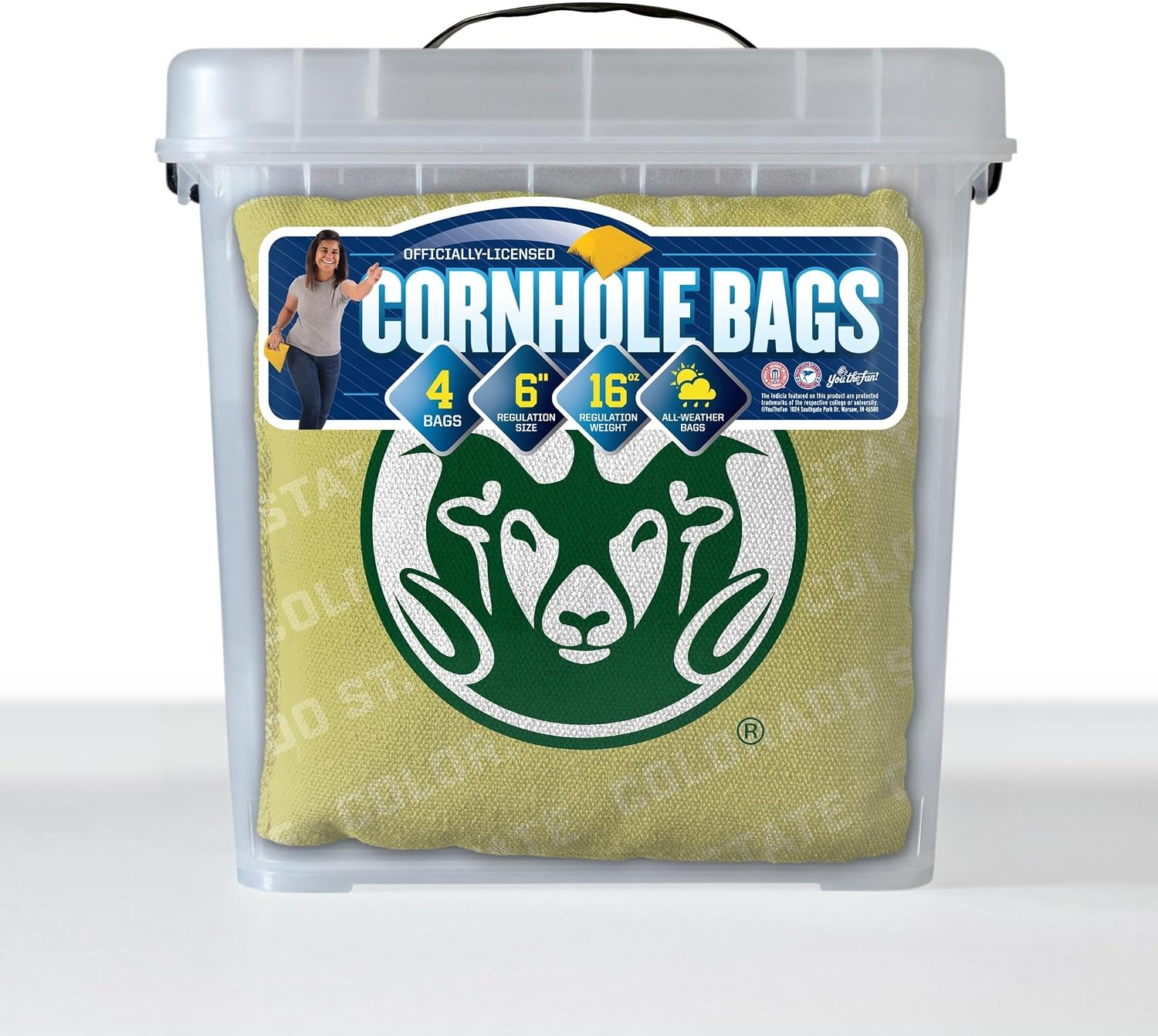 image:imageYouTheFan OfficiallyLicensed NCAA Set of 4 Cornhole Bags  All Weather Regulation 6 x 6 Size  16oz Weight  Designed in USAColorado State Rams  Gold