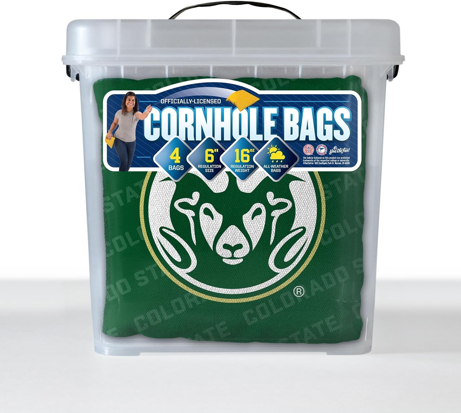 image:imageYouTheFan OfficiallyLicensed NCAA Set of 4 Cornhole Bags  All Weather Regulation 6 x 6 Size  16oz Weight  Designed in USAColorado State Rams  Green