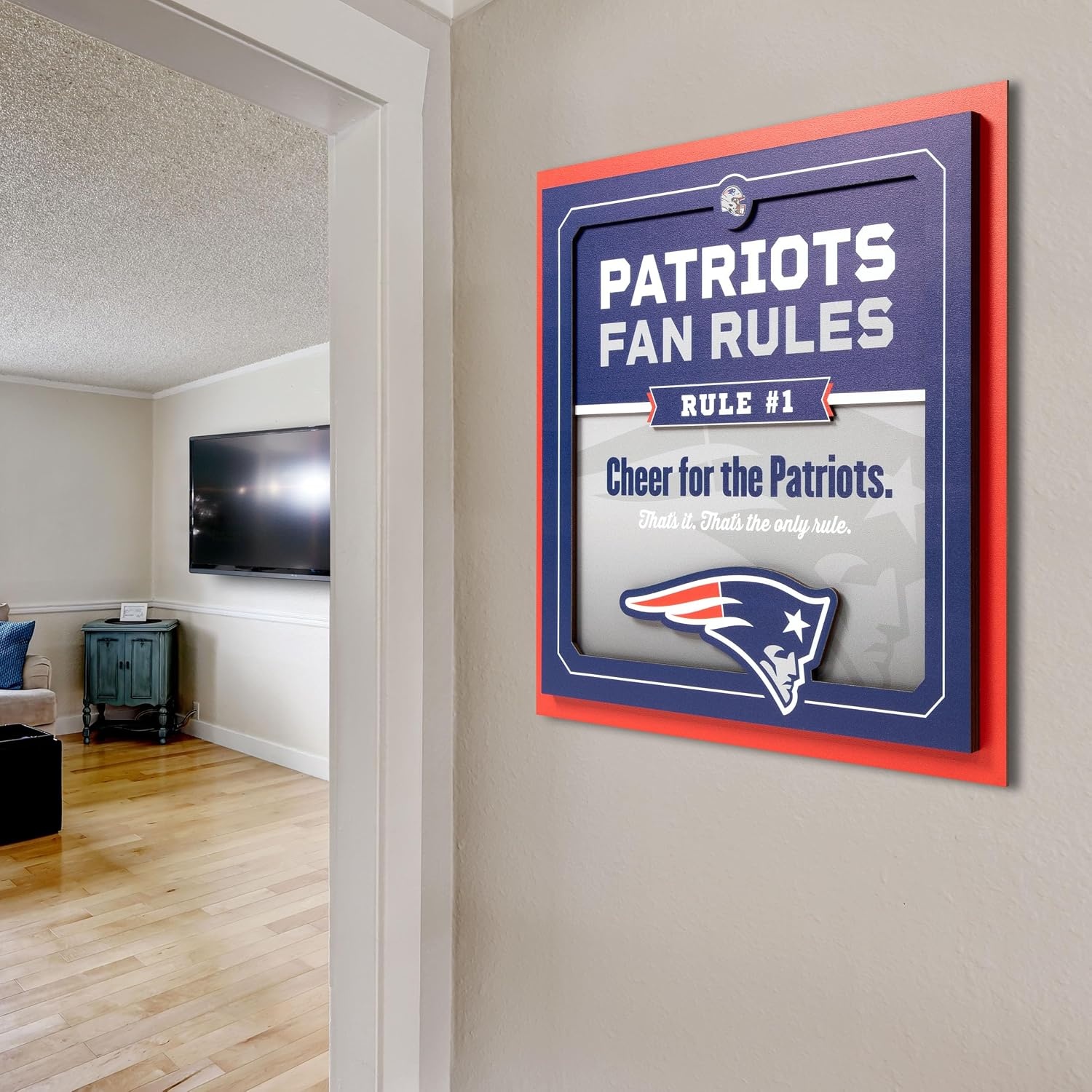 image:imageYouTheFan Officiallylicensed NFL Fan Rules Wall Art multiple layers humorous team artwork sports fan motto showcases funny rules indoor decorNew England Patriots